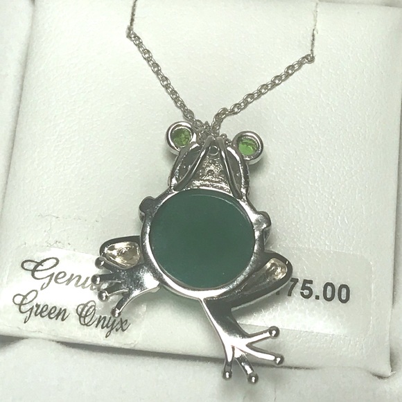 NWT Sterling Silver Green Onxy Women’s Frog Necklace 14k Gold Plated Pendant - Picture 4 of 5